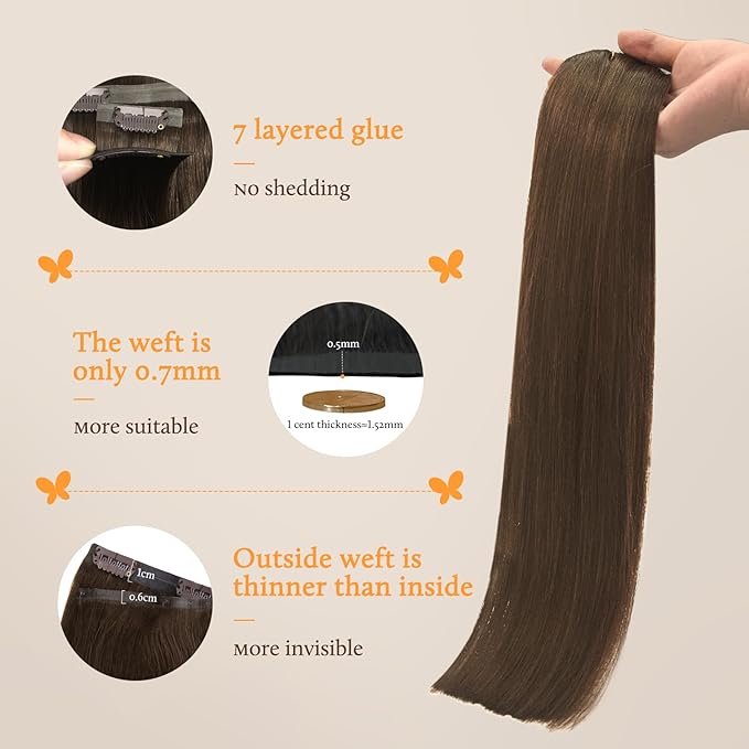 DOORES Seamless Clip in Hair Extensions, Chocolate Brown 7pcs 160g 24 Inch, Human Hair Extensions Remy Straight Thick Invisi Edge Weft