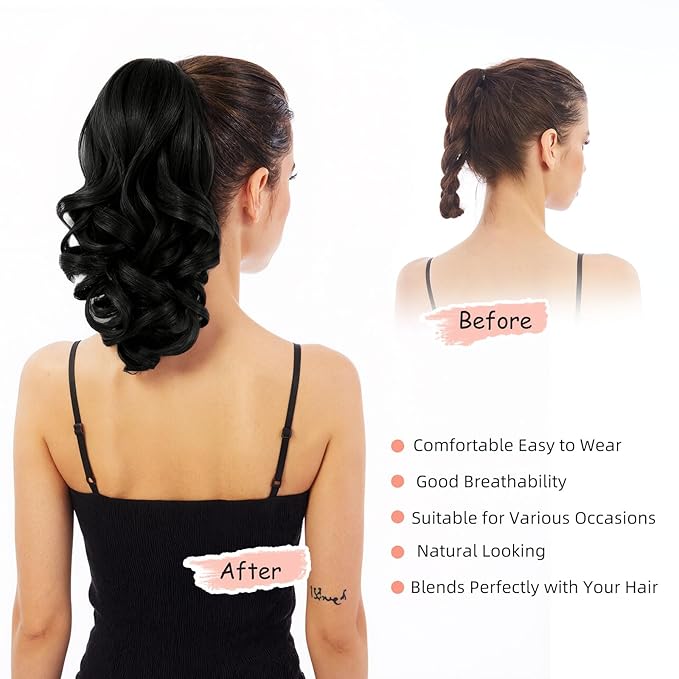 Ponytail Extension, Clip on Ponytails for Women, 12" Claw Clip in Short Curly Wavy Pony Hair Extension for Women - Natural Black