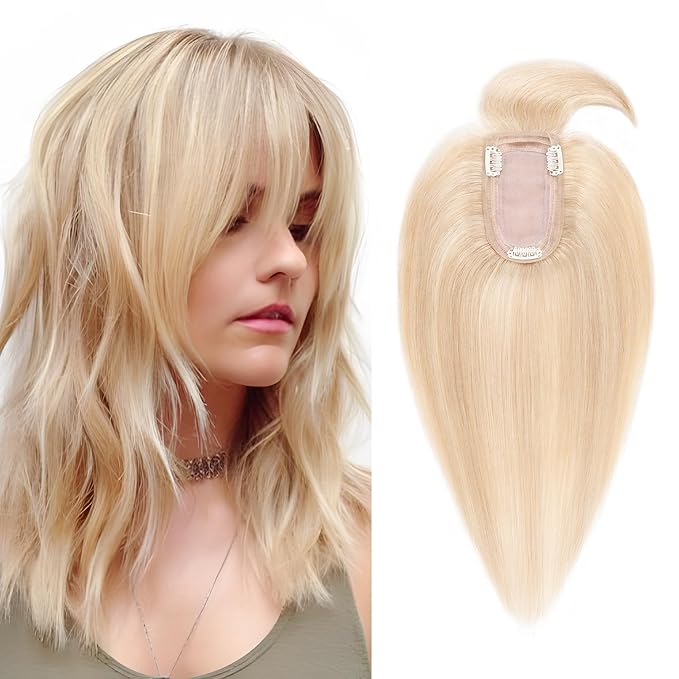 SEGO Hair Toppers for Women Real Human Hair with Thinning, with Front Bangs Clip in Toppers Straight 150% Density Silk Base -18 Inch #18/613 Ash Blonde Mix Bleach Blonde