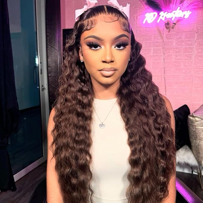 Chocolate Brown 250% Density HD Lace Front Wigs Human Hair Loose Wave 100% Real Human Hair 15A Full 13x4 Large Lace Space Loose Deep Wave Wig, Breathable No Tangle No Shedding Triple Lifespan 3X