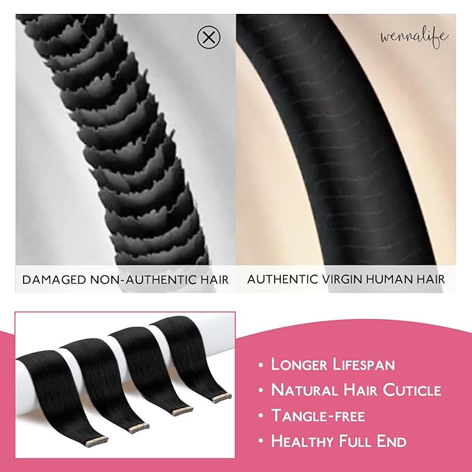 WENNALIFE Tape in Hair Extensions Human Hair Jet Black Tape in Extensions, 10pcs 30g 24 inch Remy Invisible Tape Ins Straight Colored Soft Real Human Hair Tape in Extensions Refill Set Extensions