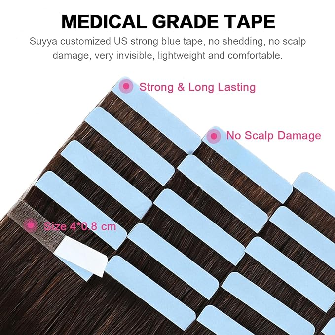 SUYYA Tape in Hair Extensions Human Hair 100% Real Human Hair 16 inches 20pcs 40g/pack Straight Seamless Skin Weft Tape in Human Hair Extensions(16 inches #2) 2# Darkest Brown