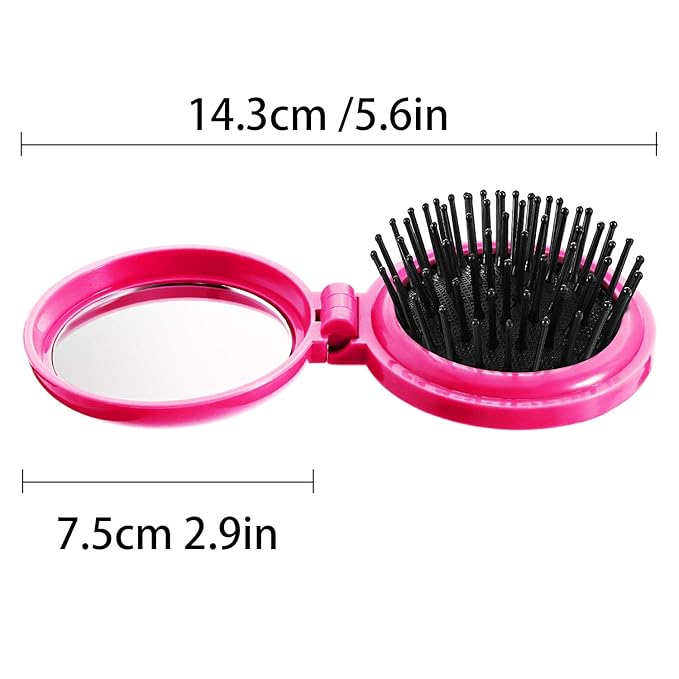 Boao 2 Pack Foldable Travel Mirror Hair Brushes Round Portable Folding Pocket Hair Brush Mini Comb Compact Travel Size Massage Comb for Men Women (Purple, Rose Red)