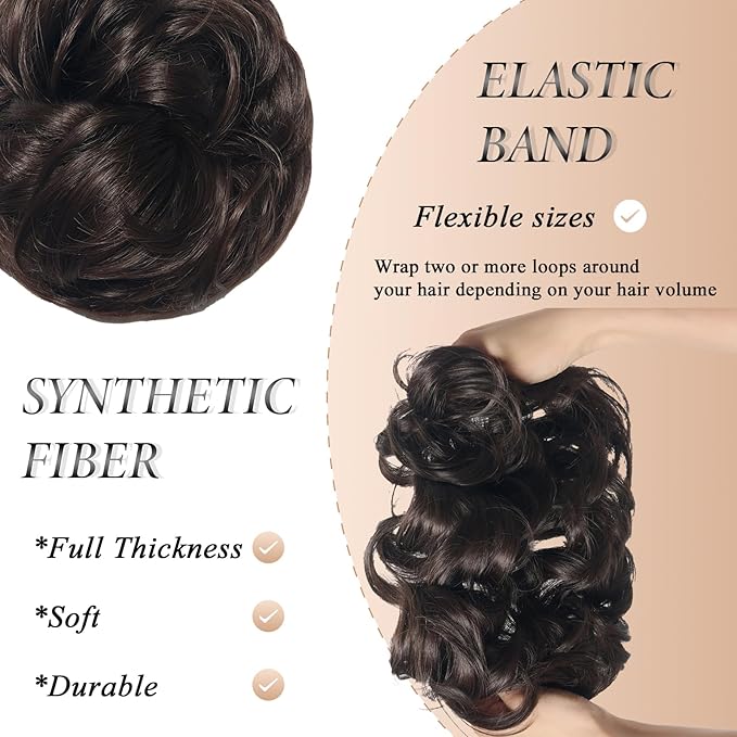 Large Messy Bun Hair Piece Curly Synthetic Extensions Scrunchies Fake Chignon Updo Hairpieces for Women Dark Brown
