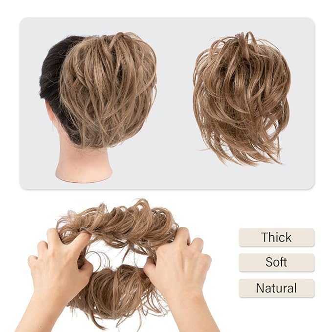 SARLA Messy Hair Bun Hair Pieces Curly Synthetic Updo Fake Scrunchies Ponytail Extension for Women Jet Black 1PCS