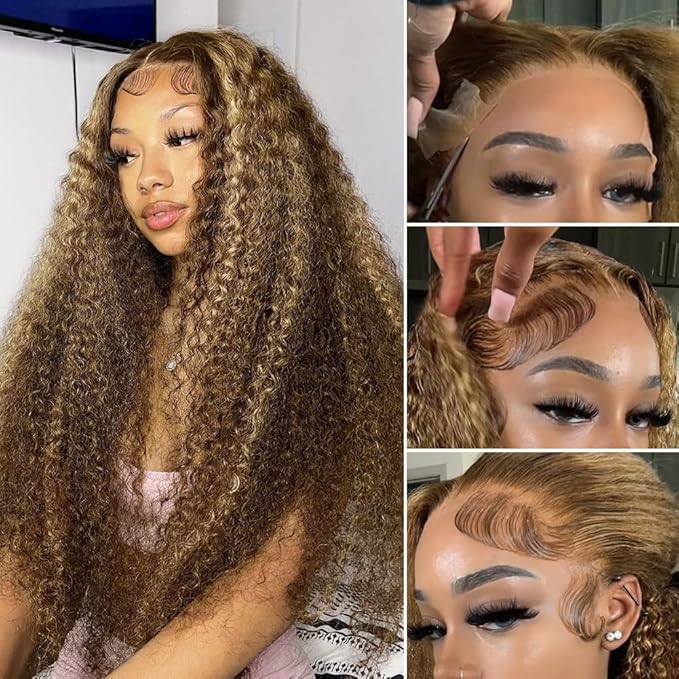 CYNOSURE 30 Inch 4/27 Highlight Deep Wave Lace Front Wigs Human Hair 13x5 Ombre Honey Blonde Jerry Curly Wig HD Transparent Lace Frontal Wigs Pre Plucked with Baby Hair 180% Density