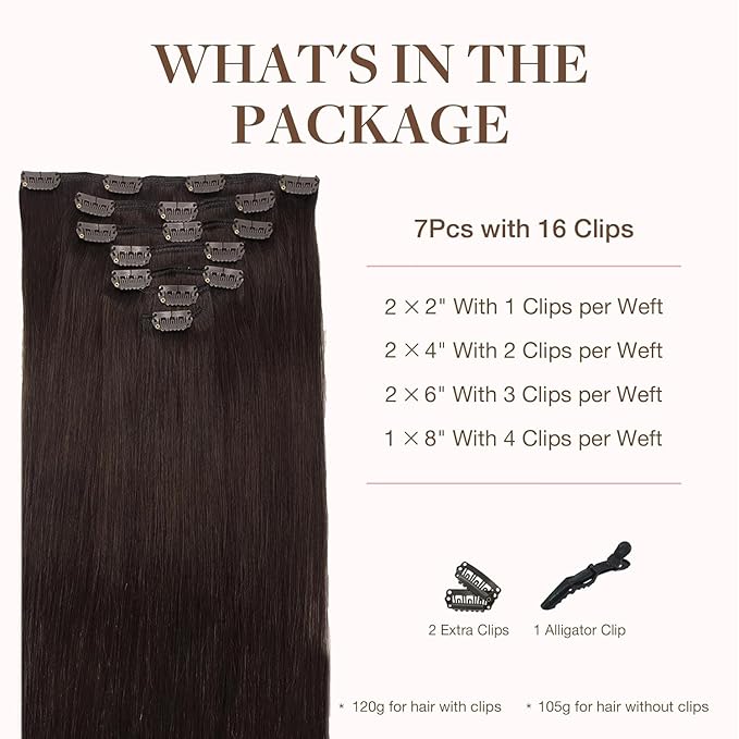 GOO GOO Clip in Hair Extensions Real Human Hair, Remy Human Hair Extensions Clip ins for Women, Natural Human Hair, 14inch 120g 7Pcs, 2A Light Brown