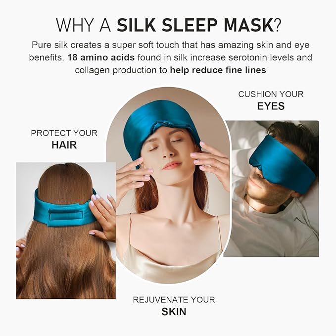 LitBear Silk Sleep Mask for Side Sleeper, Eye Mask Sleeping for Women Men 100% 22 Momme Pure Mulberry Silk, Face-Hugging Padded Eye Cover for Sleeping with Adjustable Band (Peacock Blue)