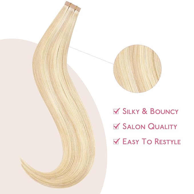 WENNALIFE Tape in Hair Extensions Human Hair Balayage Light Wheat Platinum Blonde Tape in Extensions, 10pcs 25g 14 inch Remy Invisible Tape Ins Straight Colored Soft Real Human Hair Tape in Extensions