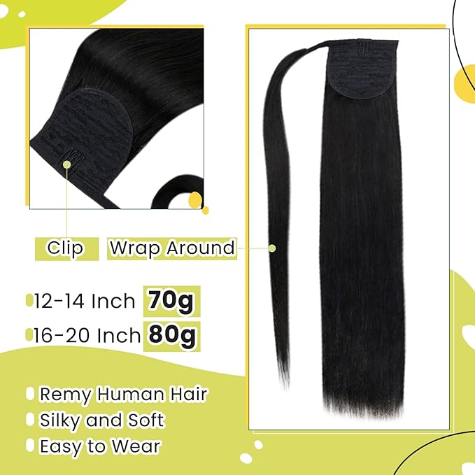 RUNATURE Ponytail Extension Real Human Hair, Long Human Hair Ponytail 20 Inch, Black Ponytail Extension Wrap Around, Straight Remy Natural Hair, Add Length, 80g #1B Off Black