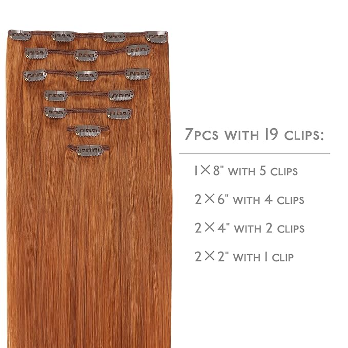 WENNALIFE Clip in Hair Extensions - Real Human Hair, 16 Inch 120g 7pcs, Dirty Ginger Remy Human Hair Clip Ins, Double Weft