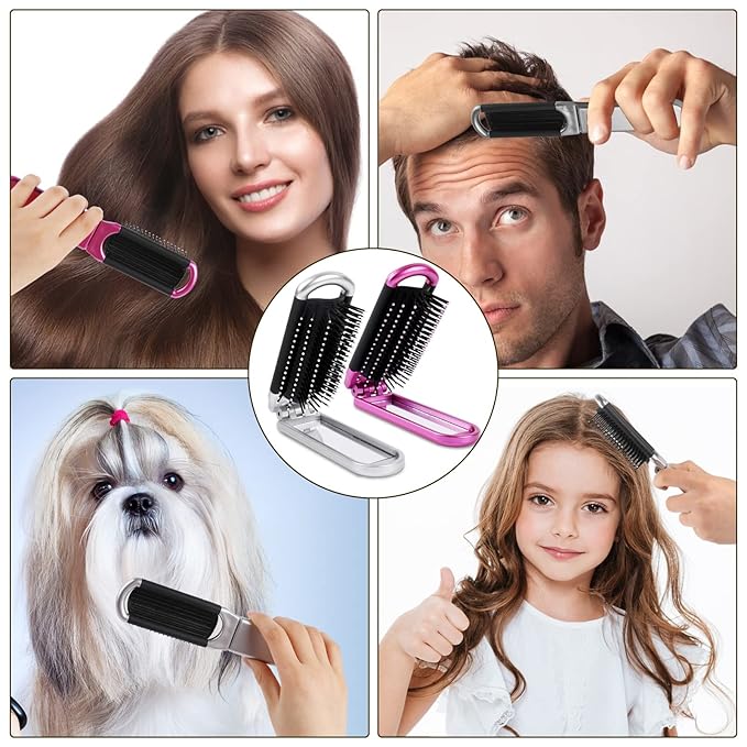 Sliverdew Travel Hair Brush, 2 Pieces, Folding Hair Brush with Mirror, Compact Hair Comb, Portable, Collapsible Pocket Brush, Small, for Women, Silver & Purple