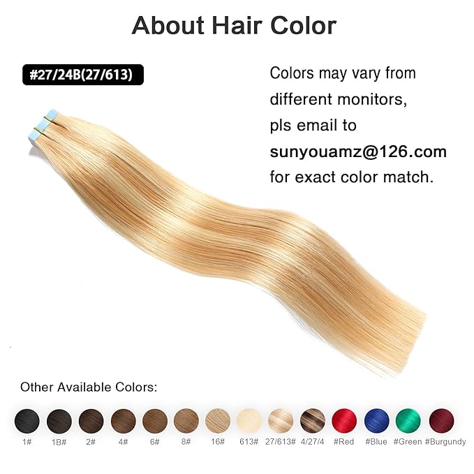 SUYYA Tape in Hair Extensions Human Hair Strawberry Blonde to Light Blonde Remy Hair 22 inches 20pcs 50g/pack Straight Seamless Skin Weft Tape in Human Hair Extensions Piano Color(22 inch #P27/24B)