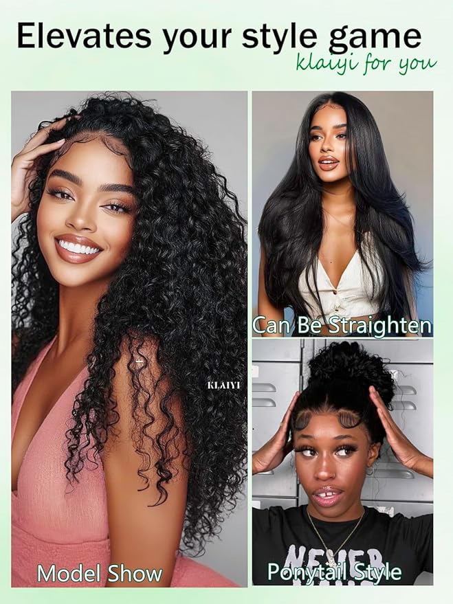 KLAIYI Water Wave HD Real Scalp Glueless Precut 13x4 Lace Front Human Hair Wig Drawstring Bye Bye Knots Pre Plucked Bleached Pre Everything 30S Ready to Wear and Go Deep Curly Wave Beginner Wig 22Inch