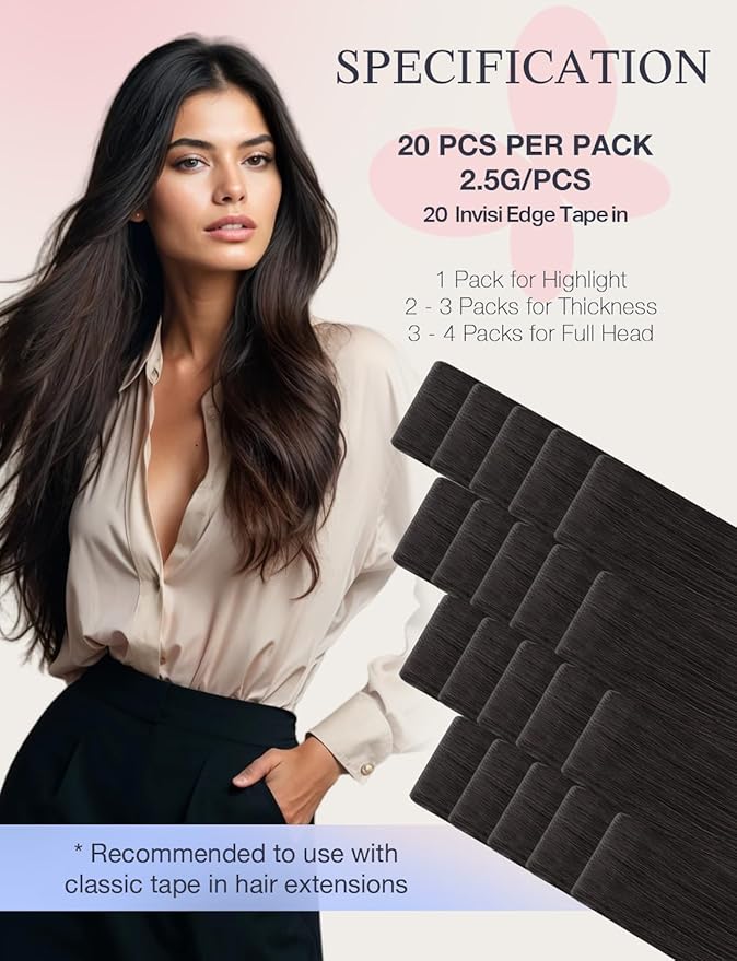 DOORES Invisi Edge Tape in Human Hair Extensions, Natural Black 10 Injection Tapeins with 10 Injection Tapeins 50g 22 Inch, Injected Tape in Extensions Virgin Hair Thick Ends