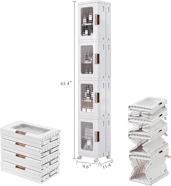 VECELO 4-Tier Plastic Tall Narrow Storage Cabinet with Movable Wheels, Adjustable Shelves, Magnetic Doors, Slim Bathroom Organizers and Storage for Small Space, Bathroom, Kitchen, Laundry, White