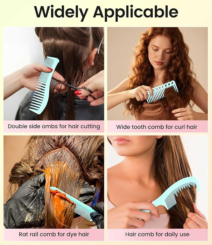 6PCS Professional Hair Comb Set for Women & Men Rat Tail, Wide & Fine Tooth Combs for Curly Hair, Braiding, Barber Styling, Cutting & Parting (Green)