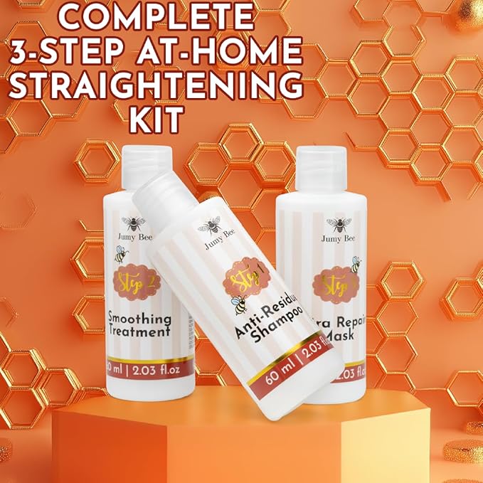 Brazilian Keratin Treatment Kit – Jumy Bee 3 Steps 2.03 fl oz | Formaldehyde-Free At Home Hair Straightening & Smoothing System |Keratina para Alisar el Pelo | Anti-Frizz Repair Mask & Shampoo