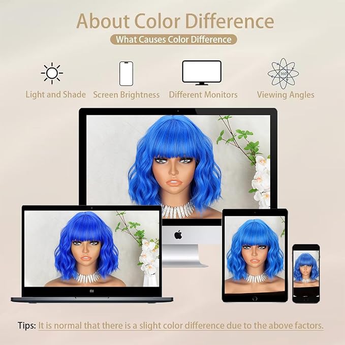 MISSQUEEN Short Dark Blue Wigs with Bangs for Women Synthetic Shoulder Length Wavy Bob Wig for Girl Colorful Costume Wigs (Blue)