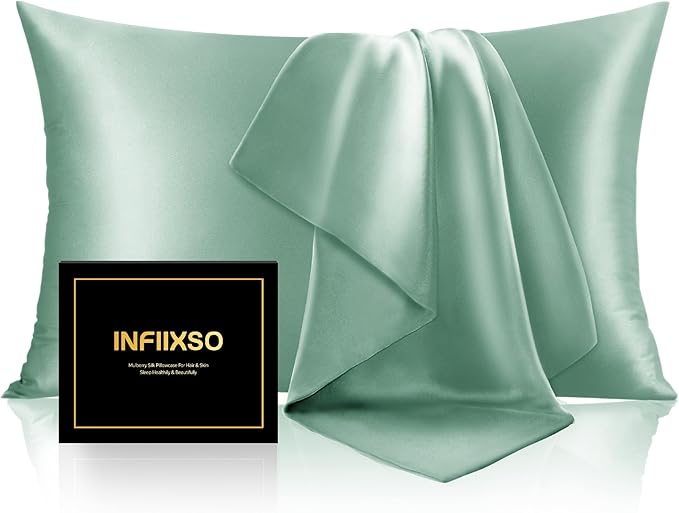 INFIIXSO Mulberry Silk Pillowcase for Hair and Skin, Silk Pillow Cases Queen Size Set of 2 with Hidden Zipper 20x30 Inches, Smooth and Soft Cooling Pillow Cases for Hot Sleepers(Mint Green, 2 Pack)