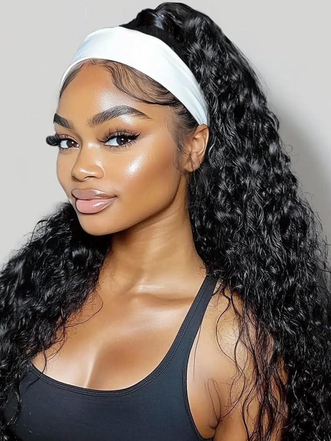 KLAIYI Headband Human Hair Wig Water Wave Curly Non Lace Front Wigs for Black Women Deep Wave Glueless Wear and Go Half Wig with Band 30S Ready to Go Beginner Friendly 180% Density Full Natural 26Inch