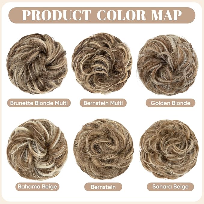 SARLA 2PCS Messy Hair Bun Hair Pieces Wavy Curly Synthetic Updo Fake Scrunchies Ponytail Extension for Women Brunette Blonde Multi