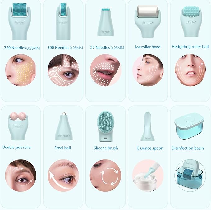 10 in 1 Derma Roller Kit for Face and Body-Face Roller&Face Brush，0.25mm Microneedling Pen MicroneedleRoller, Facial Beauty Roller Skin Care Tools with 10 Replaceable Heads and Storage Case