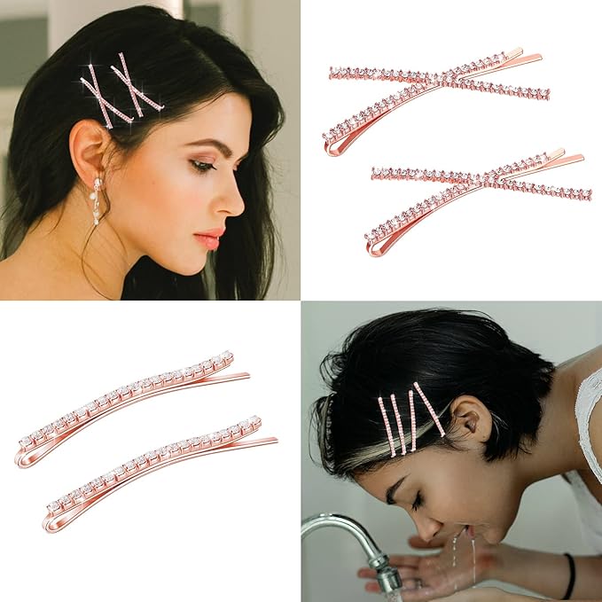 12 Pieces Rhinestone Bobby Pins Decorative Fancy Crystal Hair Clips Shiny Metal X Shaped Barrettes Bling Diamond Wedding Bridal Shower Hair Accessories for Women Ladies Girls (Rose Gold)