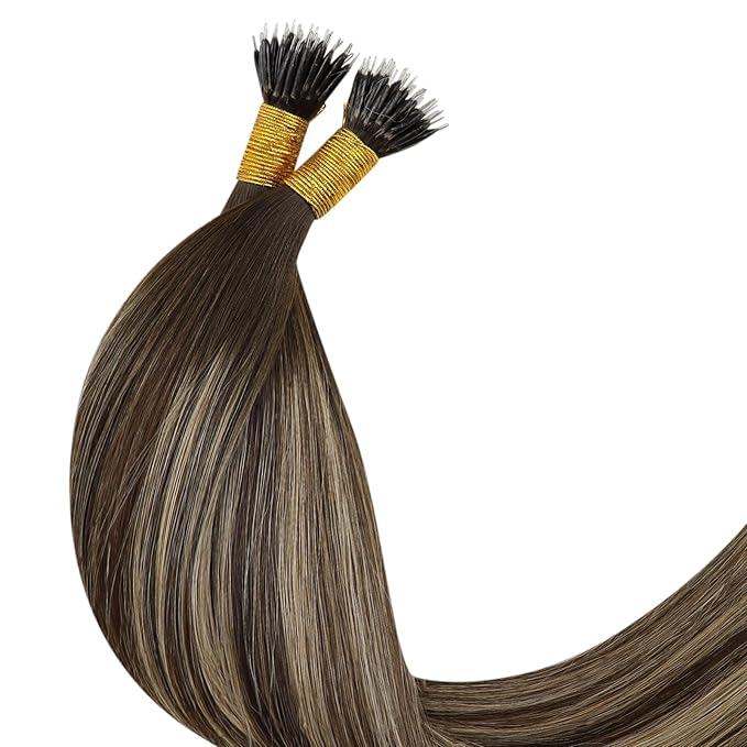 YoungSee Nano Ring Hair Extensions Ombre Brown 24Inch Nano Extensions Human Hair Balayage Dark Brown with Caramel Blonde Nano-Bead Hair Extension Long for Wedding 50G/S