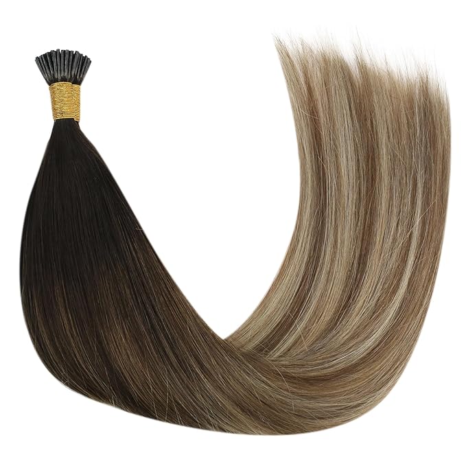 YoungSee Itip Hair Extensions Brown Balayage 14 Inch I Tip Hair Extensions Human Hair Dark Brown Ombre Medium Brown with Blonde Itip Hair Extension Real Human Hair Short Straight Hair 80s 50g