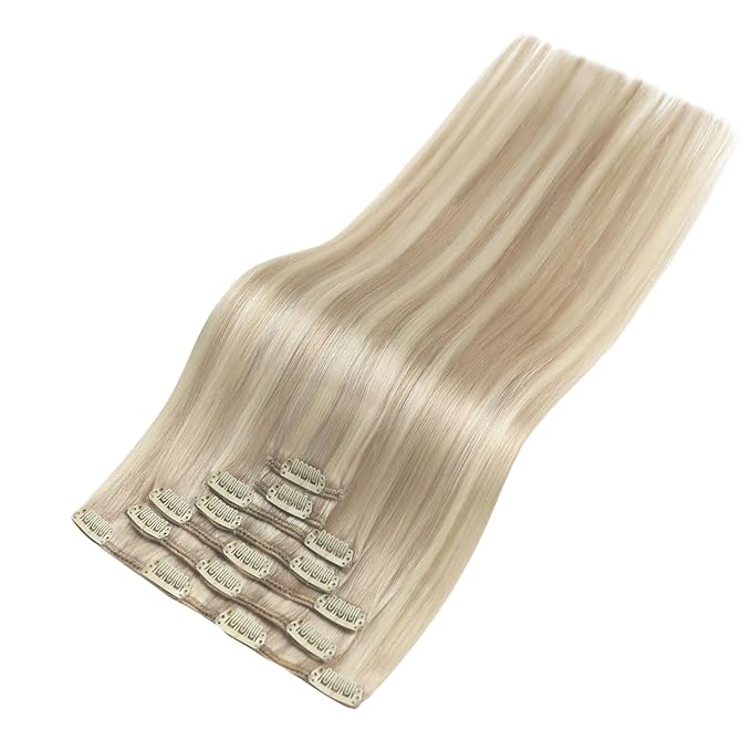 YoungSee Blonde Clip in Hair Extensions Ash Blond Highlight Bleach Blond Human Hair Clip in Extensions Dyable Blonde Real Human Hair Extensions Clip ins for Women 120G 14Inch 7Pcs