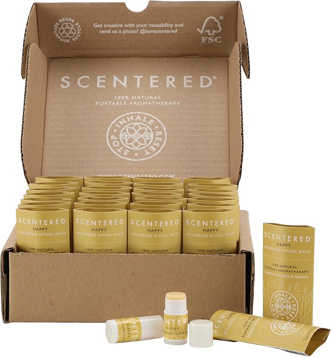 Scentered Party Favors for Wedding, Anniversary, Birthday - 30 x Mini Aromatherapy Inhaler Balm Sticks - Happy: Uplifting Essential Oils Blend - Adult Party Favors for Women & Men