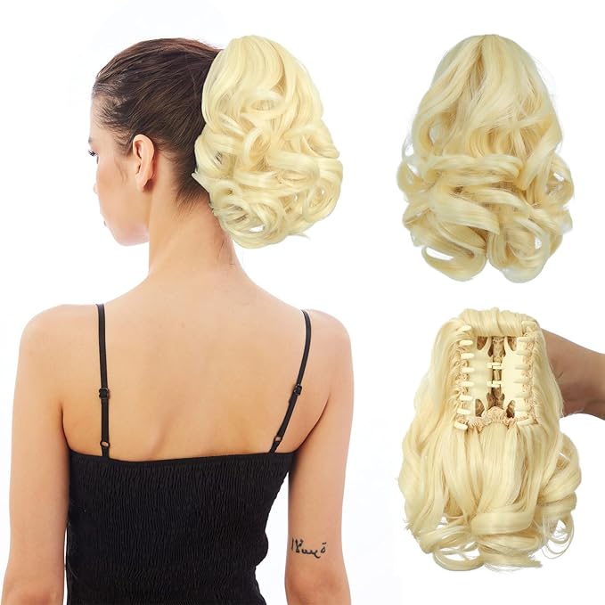 Ponytail Extension, Clip on Ponytails for Women, 9" Claw Clip in Short Curly Wavy Pony Hair Extension for Women - Bleach Blonde
