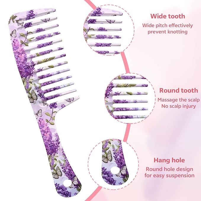 Wide Tooth Comb,Effortless Tangle Removal for Curly, Wet, Long Hair Wet,Cute Aesthetic Design for Women Men and Girls (Purple-03)