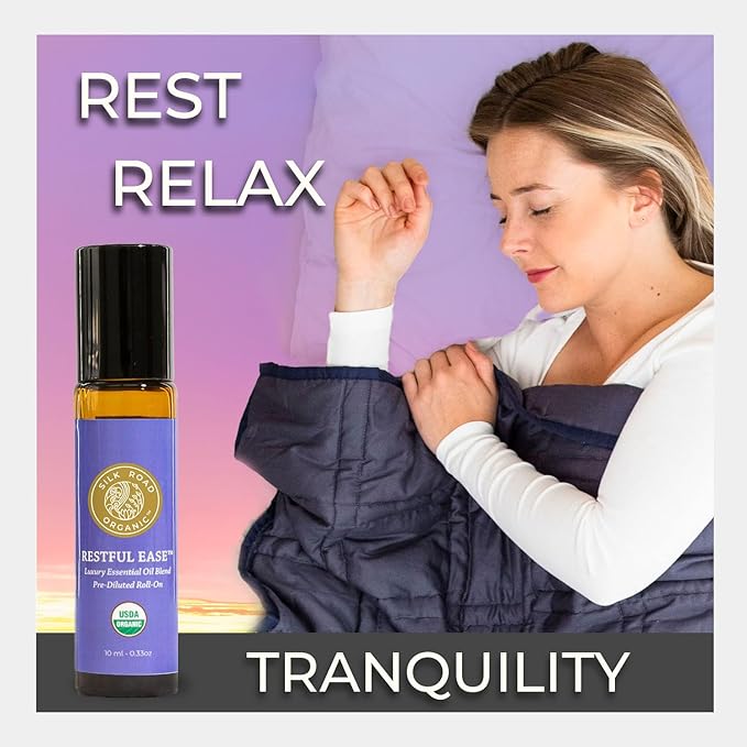 Silk Road Organic Restful Ease Essential Oil Sleep & Stress Blend Roll On - 100% Pure USDA Certified with Indian Sandalwood - Stress Ease Aromatherapy & Calming Relaxation - 10 ml Roller