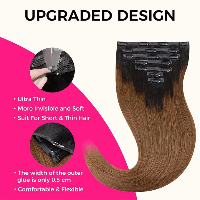 Lashey Light Yaki Straight Seamless Clip in Hair Extensions Human Hair 110g 7pcs Ombre Natural Black to Medium Auburn Hair Extensions Real Human Hair 24 Inch Long Human Hair Extensions for Women