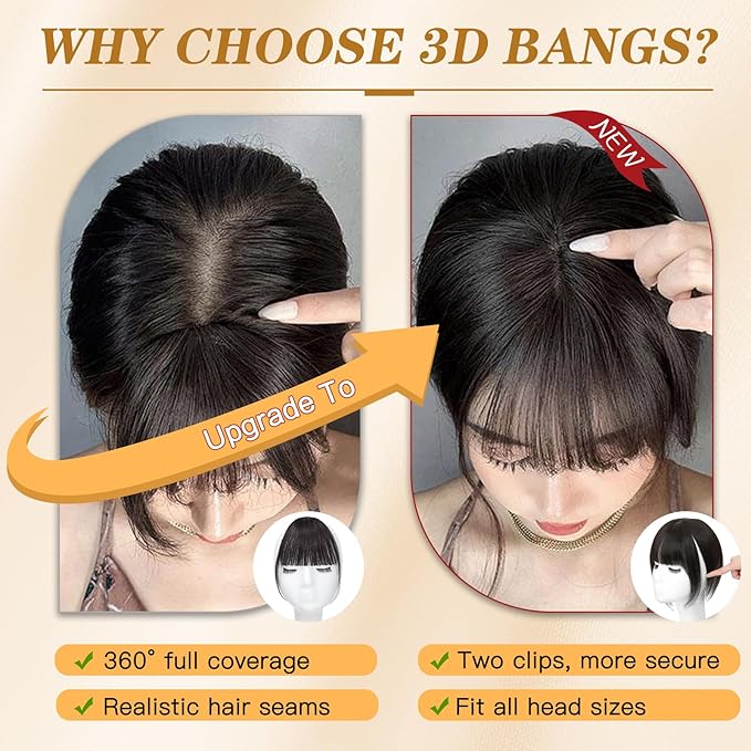 NAYOO Hair Toppers for Women Real Human Hair, 360° Cover Clips in Full Fringe Fake Bangs Hair Pieces for Women Girls Daily Wear(Brown Black)