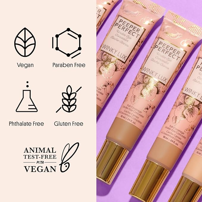 Winky Lux Peeper Perfect Under Eye Concealer, Makeup & Eye Brightener, Full Coverage Concealer for Dark Circles, Color Corrector & Eye Primer, With Collagen, Hyaluronic Acid & Vitamin E (Light)