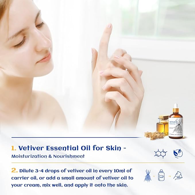 HIQILI 100ML Vetiver Essential Oil, 100% Pure Natural for Diffuser Calm and Relation- 3.38 Fl Oz