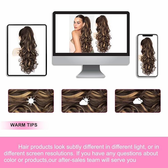 ALXNAN Ponytail Extension,24 Inch Claw Clip in Long Curly Wavy Dark Brown with Golden Blonde Ponytail Hair Extension Jaw Clip on Pony Tails Hairpiece for Women