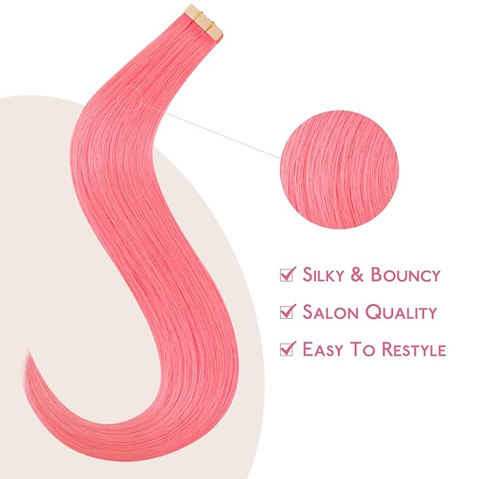 WENNALIFE Tape in Hair Extensions Human Hair Light Pink Tape in Extensions, 10pcs 25g 14 inch Remy Invisible Tape Ins Straight Colored Soft Real Human Hair Tape in Extensions Refill Set Extensions