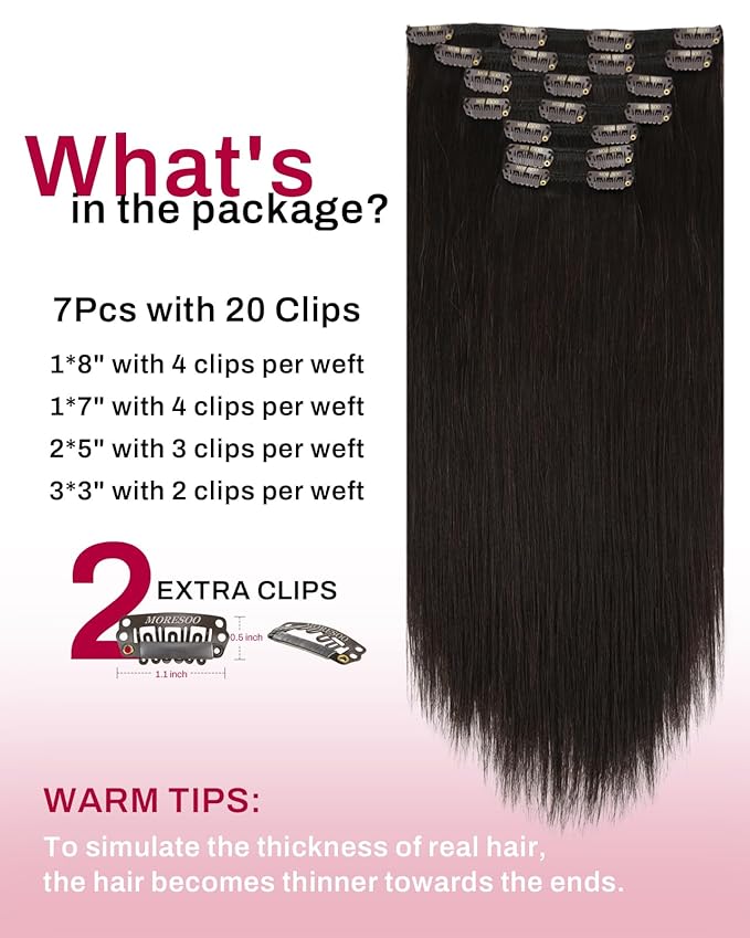 Moresoo Brown Hair Extensions Clip in Human Hair Full Head Remy Clip in Extensions Brown Doube Weft Hair Extensions Real Human Hair Clip ins Dark Brown #2 7pcs/150g 24inch
