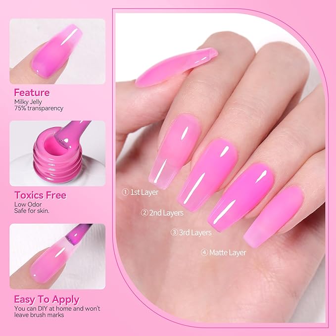 Born Pretty Jelly Gel Nail Polish Set - Milky Jelly Hot Pink Translucent Gel Polish - Spring Summer Neon Pink Valentine's Day Gift 6PCS