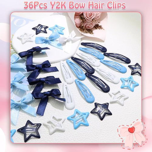 36Pcs Navy Blue Mini Bow Hair Clips Star Snap Hair Barrettes for Women White Water Drop No Slip Hair Clips Small Hair Bows Star Bowknot Hair Accessories for Teens Girls