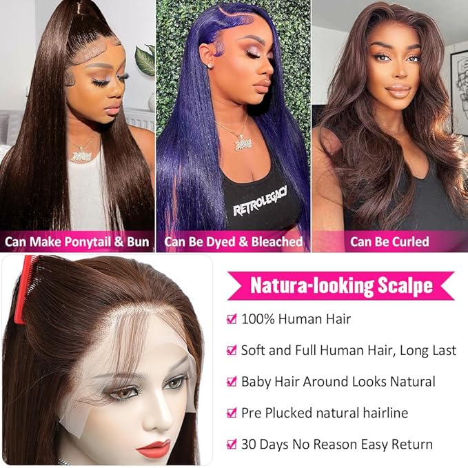 Hermosa 13x4 Chocolate Brown Lace Front Wigs Human Hair 180 Density Straight Lace Frontal Human Hair Wig Pre Plucked Hairline 4# Brown Wig 26 Inch