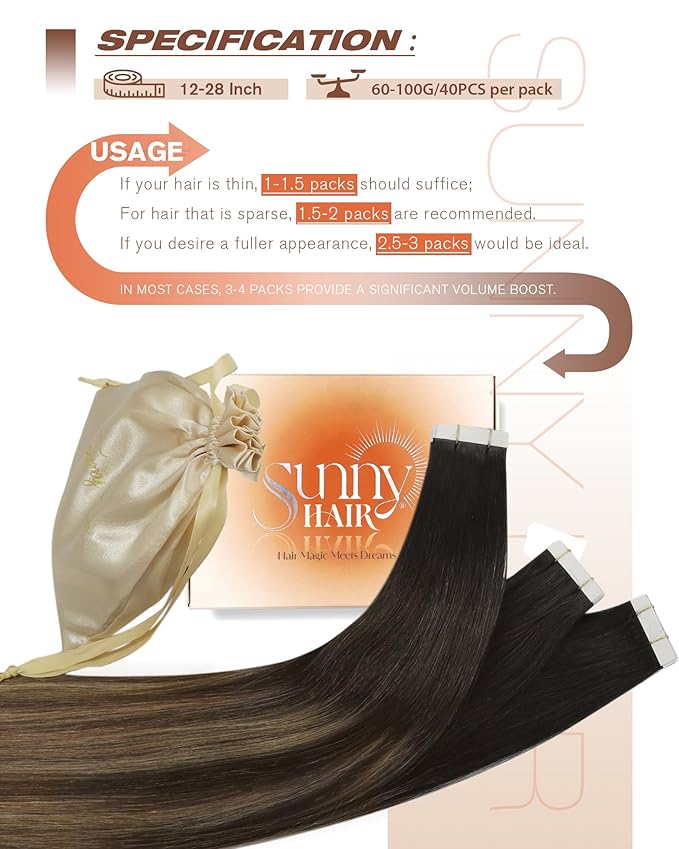 Sunny Hair Tape in Hair Extensions Human Hair, 12 Inch 40Pcs Remy Tape in Extensions Black Balayage Brown Ombre Ash Blonde Hair Extensions Tape in 60g