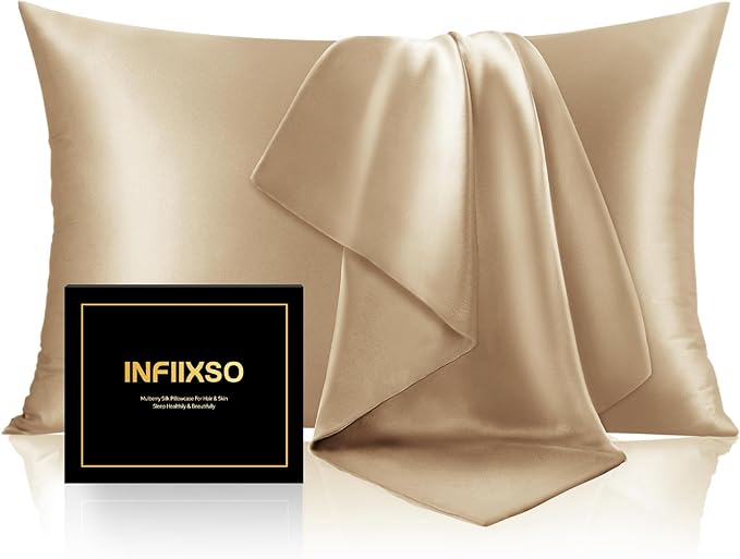 INFIIXSO Silk Pillow Cases 2 Pack Standard Size, Ultra Smooth & Soft Mulberry Silk Pillow Case for Hair and Skin, Breathable Cooling Silk Pillowcase with Hidden Zipper (Champagne, 20x26 Inches)