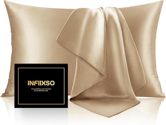 INFIIXSO Mulberry Silk Pillow Cases King Size Set of 2, Silk Pillowcase with Hidden Zipper 20"x36", Extraordinary Smooth and Soft Pillow Case for Hair and Skin(Champagne, 2 Pack)