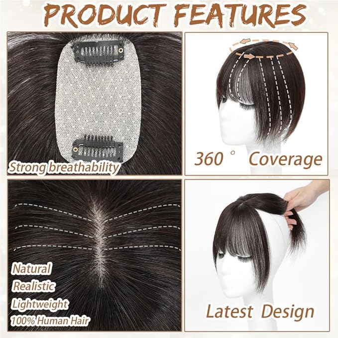 Amchoice Hair Toppers for Women Real Human Hair, Bangs Hair Clip 360° 3D Cover Bangs, Human Hair Toppers for Women Daily(Dark Brown, 3D Wispy Bangs (5 * 9))