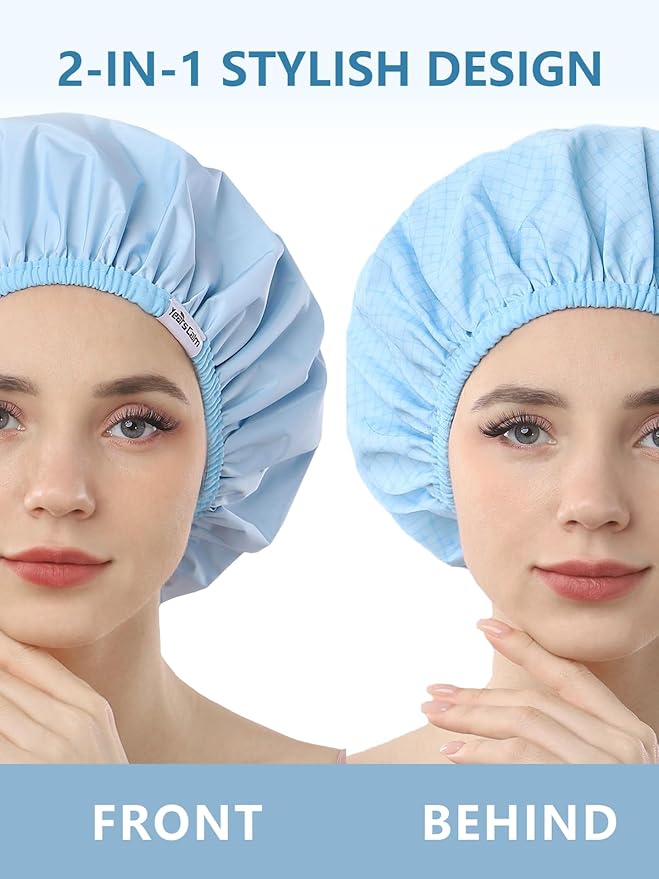 Years calm Shower Caps For Women Reusable Waterproof，Pattern And Solid Color Dual-Layer Design For Dual-Layer Usable，Protects Hair In Shower, Spa, Cooking, Clean & Travel (Blue, One Size)
